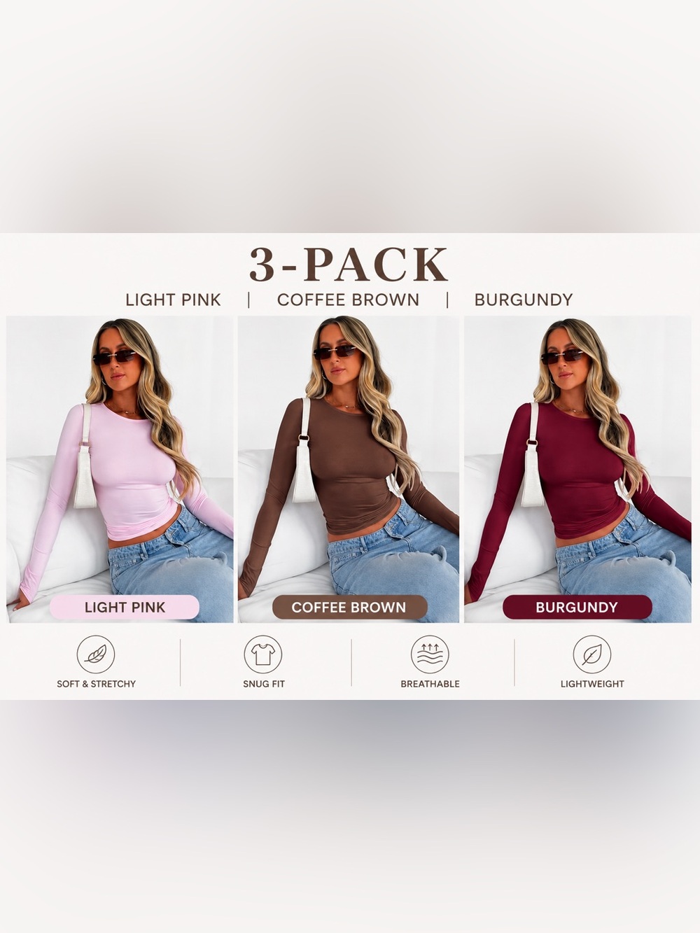 3-Pack Women's Long Sleeve Crew Neck Tops - Pink, Brown, Burgundy (Size small)